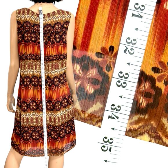 Chris Mclaughlin Chiffon Shift Dress 12 Sleeveless Boho Geo Tribal Orange Brown - Picture 8 of 13